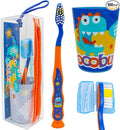Dinosaurs 4-Piece Toothbrush Set Kid's Toothbrush Set Kids Travel Set Toothbrush, Toothbrush Cap, Cup Included and Carry Bag
