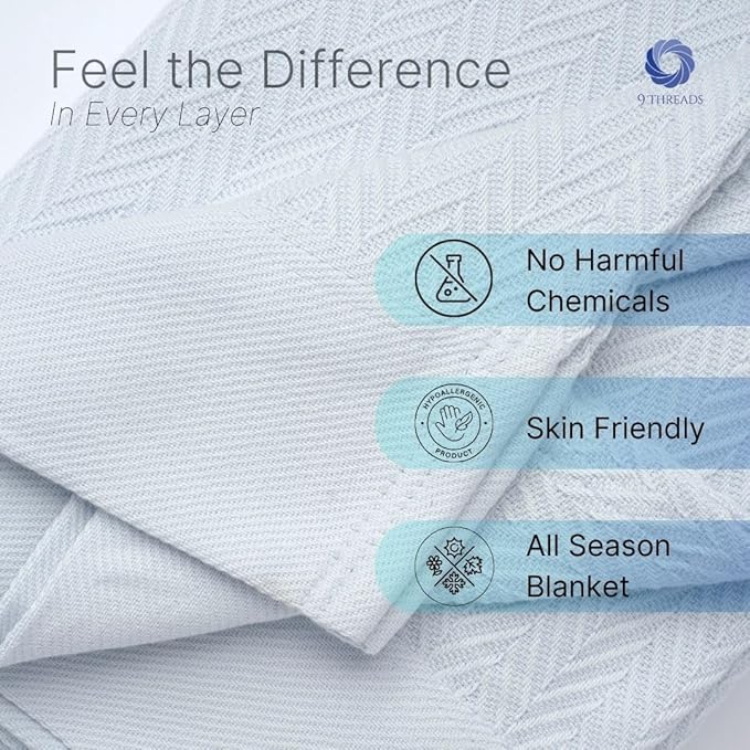 100% Cotton Herringbone Weave Blankets, 108"X90" King,Throw Blanket for Bed,All Season Cotton Blanket, Cozy Blanket,Throws Bed Blanket, Throw Blanket for Couch,Modern Home Decor -Light Blue