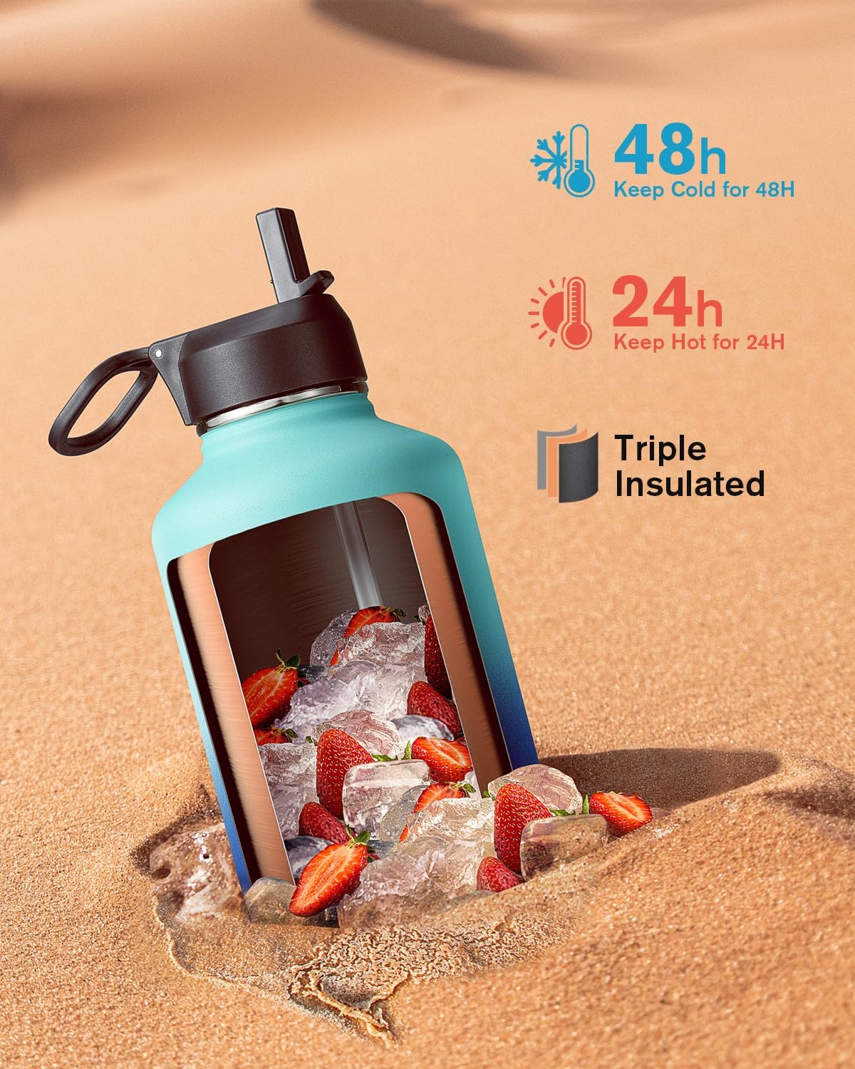 Insulated Water Bottle 64 oz with Straw & 3 Lids, Coolflask Half Gallon Water Jug Large Metal Stainless Steel Wide Mouth for Sports, Gym or Office, Non-BPA Keep Cold 48H Hot 24H, Pacific Prince