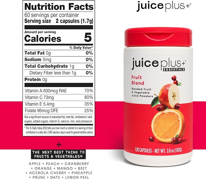 JuicePlus+ Fruit Blend: Plant-Based Whole Food Supplement with Apple, Peach, Cranberry, & More! - Vegan, Gluten-Free, Non-GMO, Kosher - Packed with Plant-Based Vitamins - 1 Bottle (60 Servings)