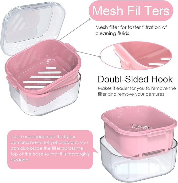 ARGOMAX Denture Case, Denture Cup for Soaking Dentures(Not Leak-Proof), Thorough Cleaning of Dentures, Retainer, Mouthguards, Clear Braces (Dark Pink).