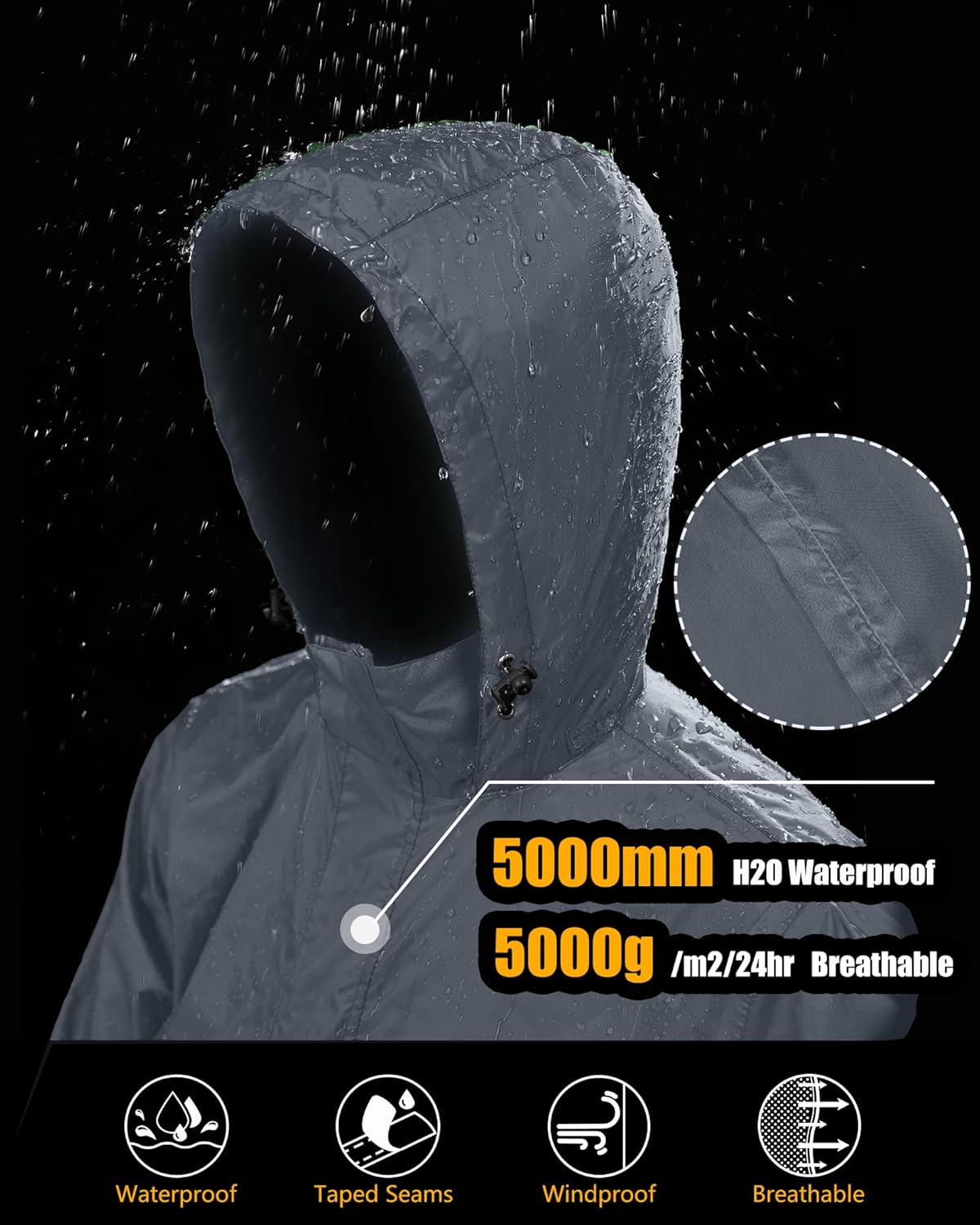 33,000ft Men's Pullover Rain Jacket Waterproof with Hood Lightweight Packable Raincoat Windbreaker for Golf Travel