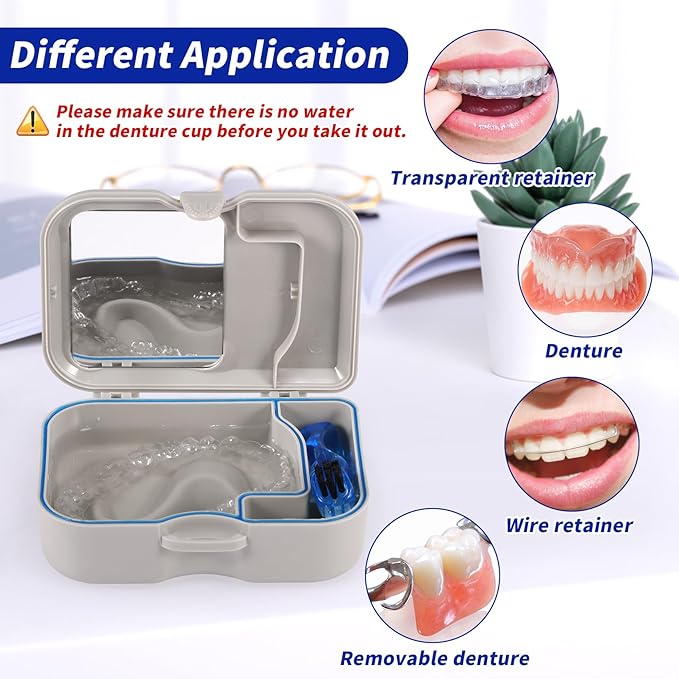 Annhua Denture Cup Bath Box Case with Mirror and Cleaning Brush, Denture Container with Brush Retainer Cleaning Case Mouth Guard Storage Soaking Cup Holder for Travel, Office, Household Use