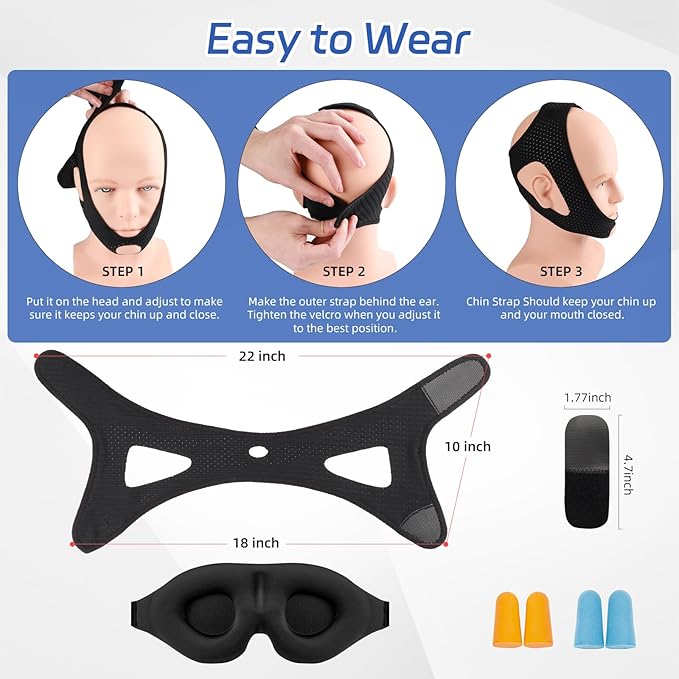 Anti Snoring Chin Strap for Sleeping, Adjustable Flexible Sleep Chin Strap to Keep Mouth Closed, Breathable Airflow Jaw Strap for Sleep Men Couple Stop Snoring Jaw Strap Set with 3D Eye Mask