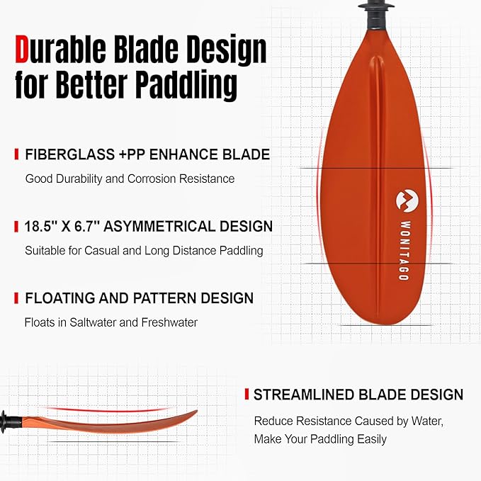 Kayak Paddles with Fiberglass Shaft and Reinforced PP Blade, Floating Adjustable Kayaking Oars, 3 Piece, 220-240 cm/86-94 Inches, 240-260 cm/94-102 Inches