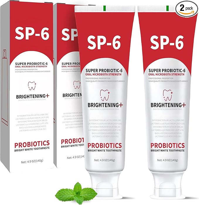 SP-6 Probiotic Whitening Toothpaste, Enhanced Formula with 6 Probiotics for Teeth Whitening and Gum Health, Enamel-Safe, Fluoride-Free, Fresh Mint Flavor, 4.6oz (2)