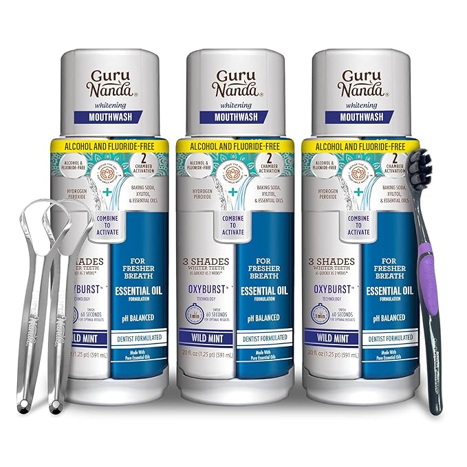 GuruNanda Teeth Whitening Dual Barrel Oxyburst Mouthwash - Alcohol & Fluoride Free, Hydrogen Peroxide to Promote Whiter Teeth - Wild Mint - 3x20 Fl Oz
