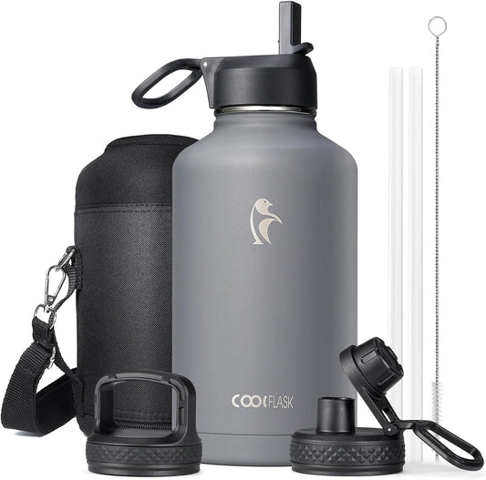 64 oz Insulated Water Bottle with Straw & 3 Lids, Coolflask Half Gallon Water Jug Large Metal Stainless Steel Wide Mouth for Sports, Gym or Office, Non-BPA Keep Cold 48H Hot 24H, Knight Grey