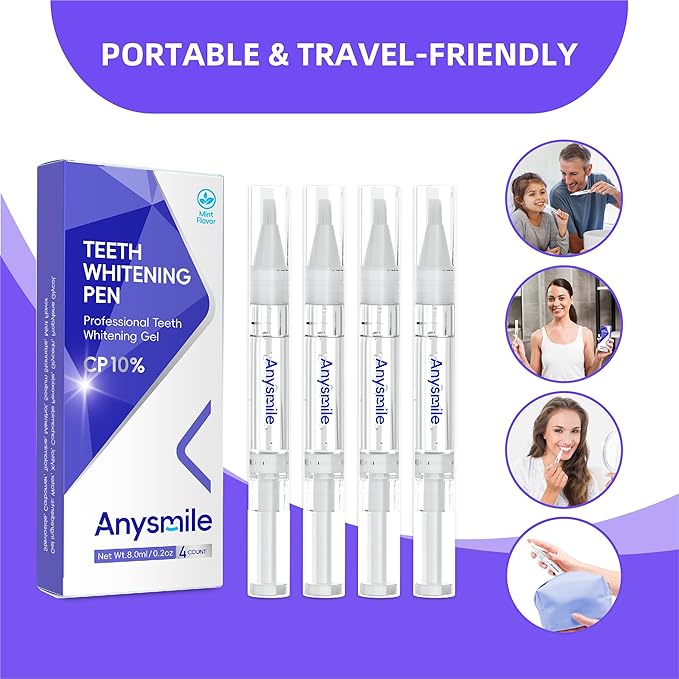 Teeth Whitening Pens Non Sensitive Teeth Whitener Gel with Effective 10% Carbamide Peroxide, 4 Professional Tooth Whitening Gel Pens 2ml/Pen