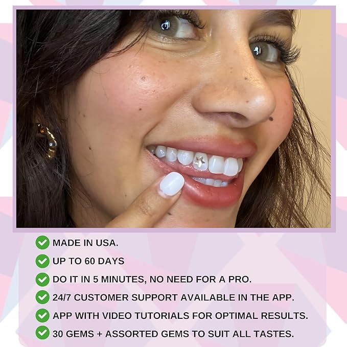 Professional for Beginners and Pros - Tooth Gems Video APP for Best Designs, Teeth Gems Kit with Glue and Light - Over 30 Gems & Shapes - Made in USA