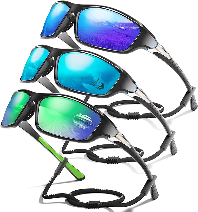 3 Pack Polarized Sports Sunglasses for Men, Mens Sunglasses Wrap Around UV400 Protection for Cycling Fishing Driving