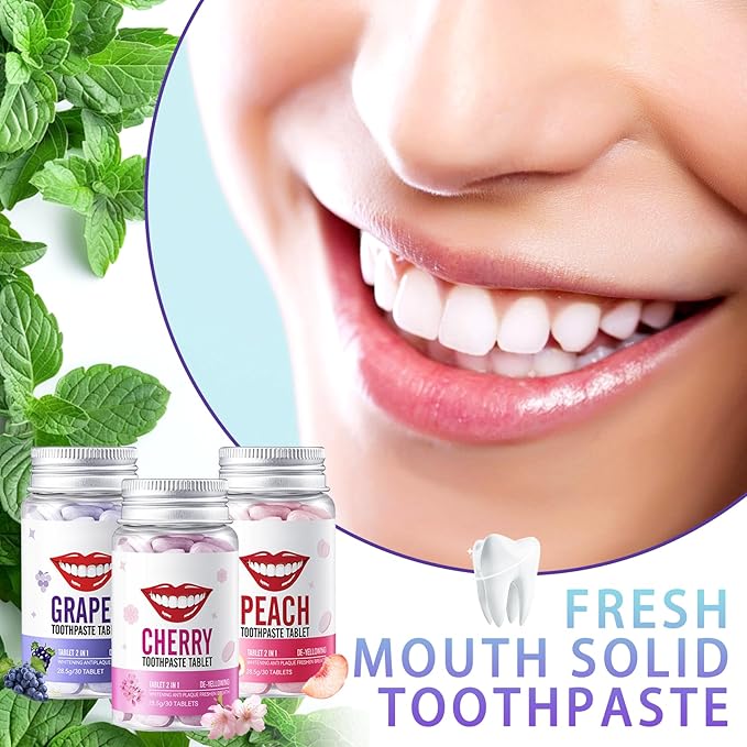3Pcs Solid Toothpaste Tablets Kit,Deep Cleaning Colour Corrector,Chewable Toothpaste Tablets for Sensitive Teeth,Travel Size Tooth Care Products Kit for All People A