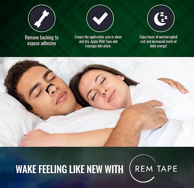 REM Tape™ Extra Strength Nasal Strips (30 Pack). Congestion and Snoring Relief. Dual Spring Flex Technology. Soft Medical Grade Fabric. Skin Friendly Hypoallergenic Adhesive. One Month Supply!, Black