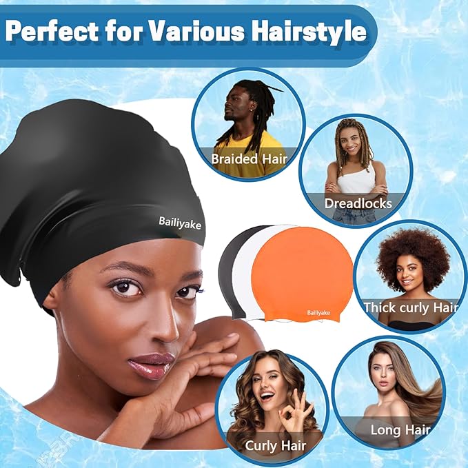 3 Pack Extra Large Swim Cap for Braids & Dreadlocks - Waterproof Silicone Swim Hat for Women with Long Thick Hair, Protective Swim Cap Cover Ears for Swimming, Shower, Bathing