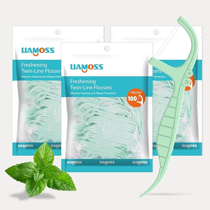 Twin Line Dental Floss Picks,300 Count Mint Flavor Dental Flossers,No Break No Shred Tooth Picks Sticks,Double Clean for Food Debris,Perfect Clean Teeth for Traveling and Outgoing(Mint,3Pack)