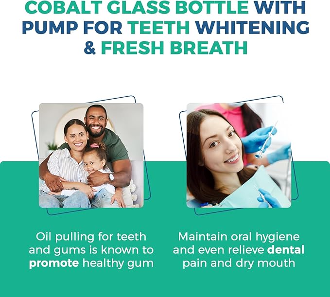 Ayurvedic Oil Pulling for Teeth and Gums | Organic Mint Flavored Oral Rinse Mouthwash | Natural Essential Oils | Cobalt Glass Bottle Pump for Teeth Whitening and Fresh Breath-8 FL Oz