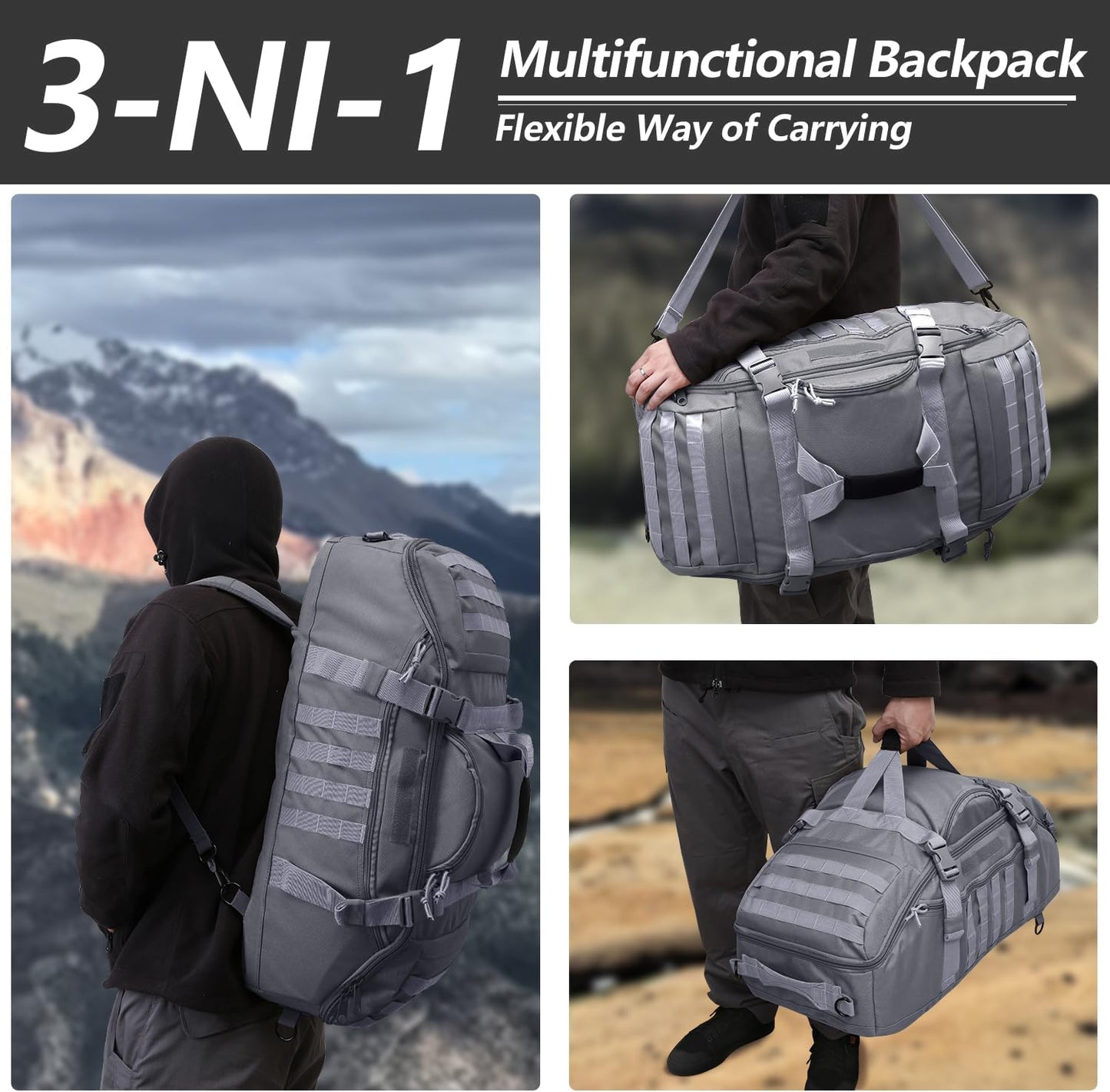 65L Large Duffle Bag, 3-in-1 Tactical Backpack MOLLE Pack for Sports, Gym, Outdoor, Grey