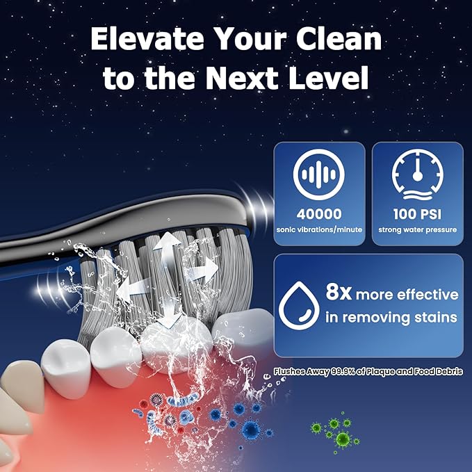 Electric Toothbrush with Water Flosser Combo- Wireless Charging Flossing Toothbrush- All in One Sonic Toothbrush with 3 Modes & 5 Flosses- Portable & Powerful Water Flosser for Teeth Cleaning,Travel