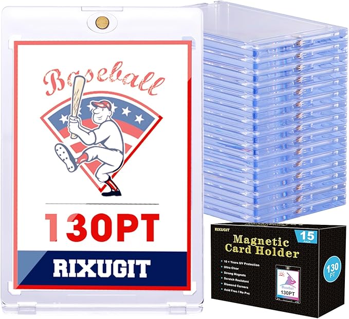 130pt Magnetic Card-Holders for Trading Cards - 15-Pack One Touch Card Case with Stronger Magnet, UV Protection， Card Protectors Hard Plastic, Card Sleeves Display Case for Baseball Card Sports Cards