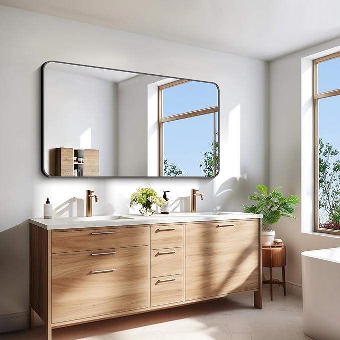 30x55 inch Bathroom Mirror,Black Rectangle Mirror,Wall Mounted Bathroom Frame Vanity Mirror with Round Corner for Bedroom Living Room, Entryway Hangs Horizontal or Vertical