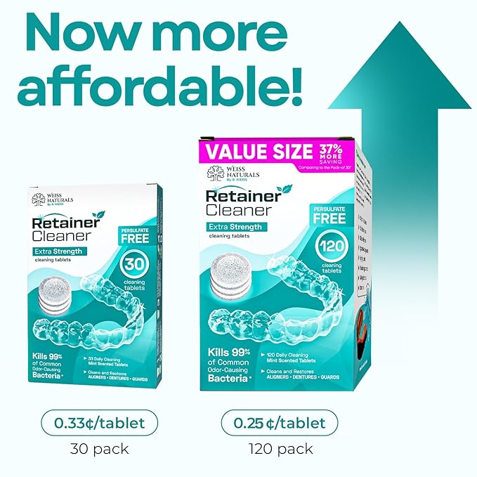 Weiss Naturals Retainer Cleaner Tablets, Invisalign Cleaner, Remove Stains, Odors & Plaque, PERSULFATE FREE Night Guard & Denture Cleaner 4-Month Supply, 120 Mint Scented Tablets