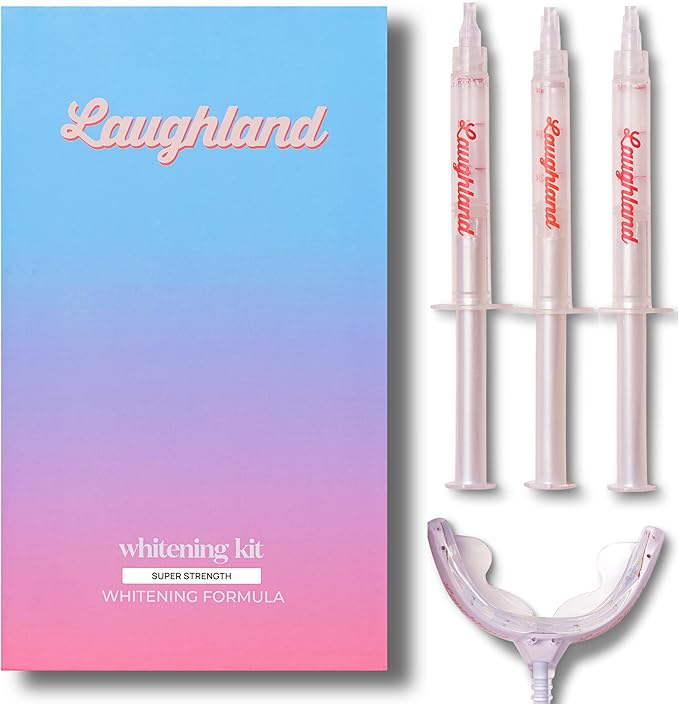 Laughland Super Strength Teeth Whitening Kit, Phone-Powered LED Mouthpiece & 3 Whitening Gel Syringes, 11% Hydrogen Peroxide, Glycerin, Aloe Vera & Mint, at Home Dental Care, 6+ Treatments