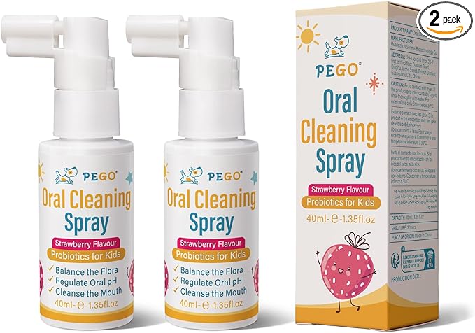 PEGO Kids Oral Spray, Toddler Toothpaste Helper for Daily Oral Care and Fresh Breath, Children Approved with Fluoride Free for Newborn to Preschoolers, Xylitol (40ml*2, Strawberry)