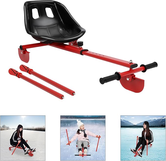 Adjustable Height Ice Skating Ski Sled Board for Kids, 360° Non-Slip Pedals & Support Stick, 176.4lbs Capacity Snow Slider - Red&Black