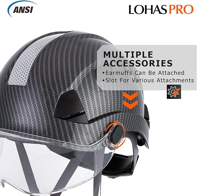 LOHASPRO Hard Hats Construction Safety Helmet with Visor ANSI Z89.1 Approved OSHA Hardhat, Vented Carbon Fiber Hard Hat with Chin Strap Tree Helmet(Black Graphite Pattern with Clear Visor)