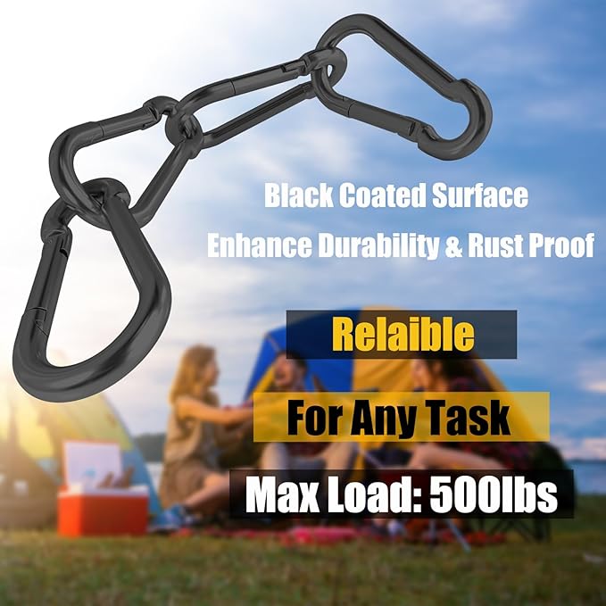 30PCS 3" Black Heavy Duty Spring Snap Hook, M8 5/16" Galvanized Steel Snap Hook Carabiner Quick Link Carabiner Clip, 500LBS Holding Capacity Quick Link Keychain for Swing Hammock Gym Outdoor