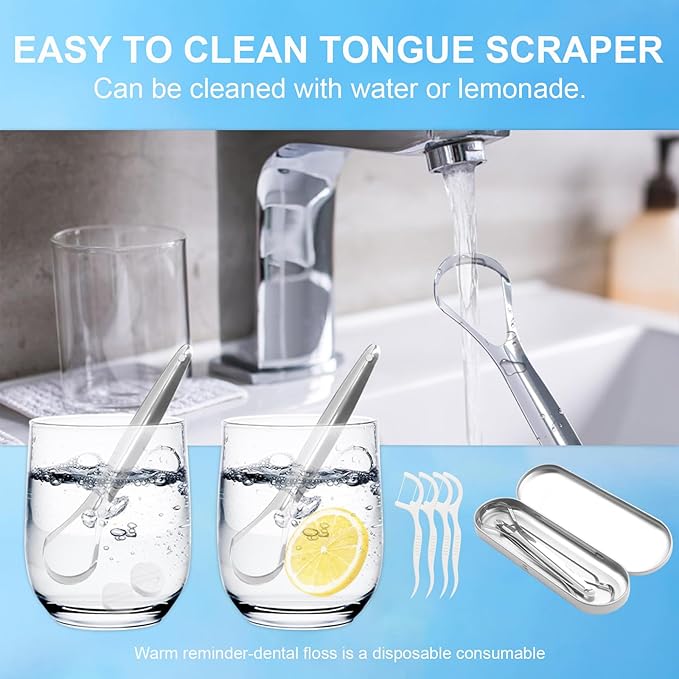 Tongue Scraper Set for Adults – 2 Medical-Grade Stainless Steel Tongue Scrapers with Travel Case + 10 Pack Floss Picks – Tongue Cleaner for Oral Care & Hygiene, Reduce Bad Breath