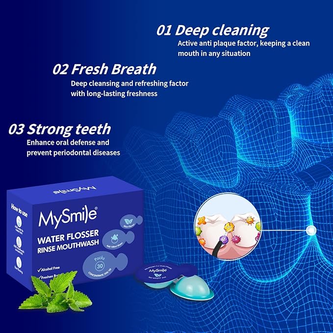 MySmile Water Flosser Mouthwash, Travel Size Concentrated Mouth Wash for Adults, 15x Concentrated Equals 200 FL oz, Alcohol Free for Bad Breath, Fresh Mint, (30 Uses, 0.06 fl oz)