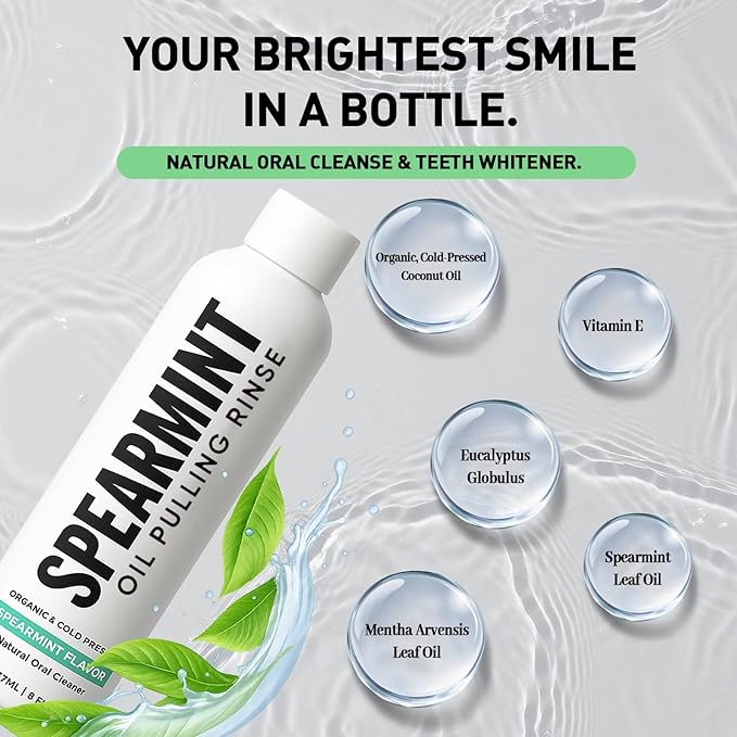 Spearmint Oil Pulling Rinse – with Organic Cold-Pressed Coconut Oil ＆ Mentha Haplocalyx Oil, Natural Mouthwash for Fresh Breath, Healthy Gums & Teeth Whitening, 8 fl oz (1)