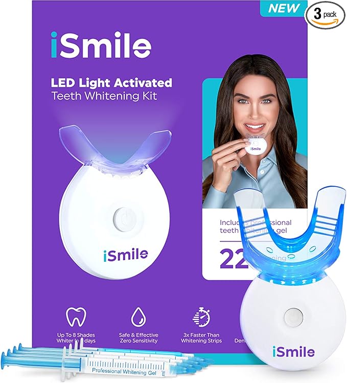 iSmile Teeth Whitening Kit - LED Light, 35% Carbamide Peroxide, (3) 3ml Gel Syringes, (1) Remineralization Gel, and Tray.