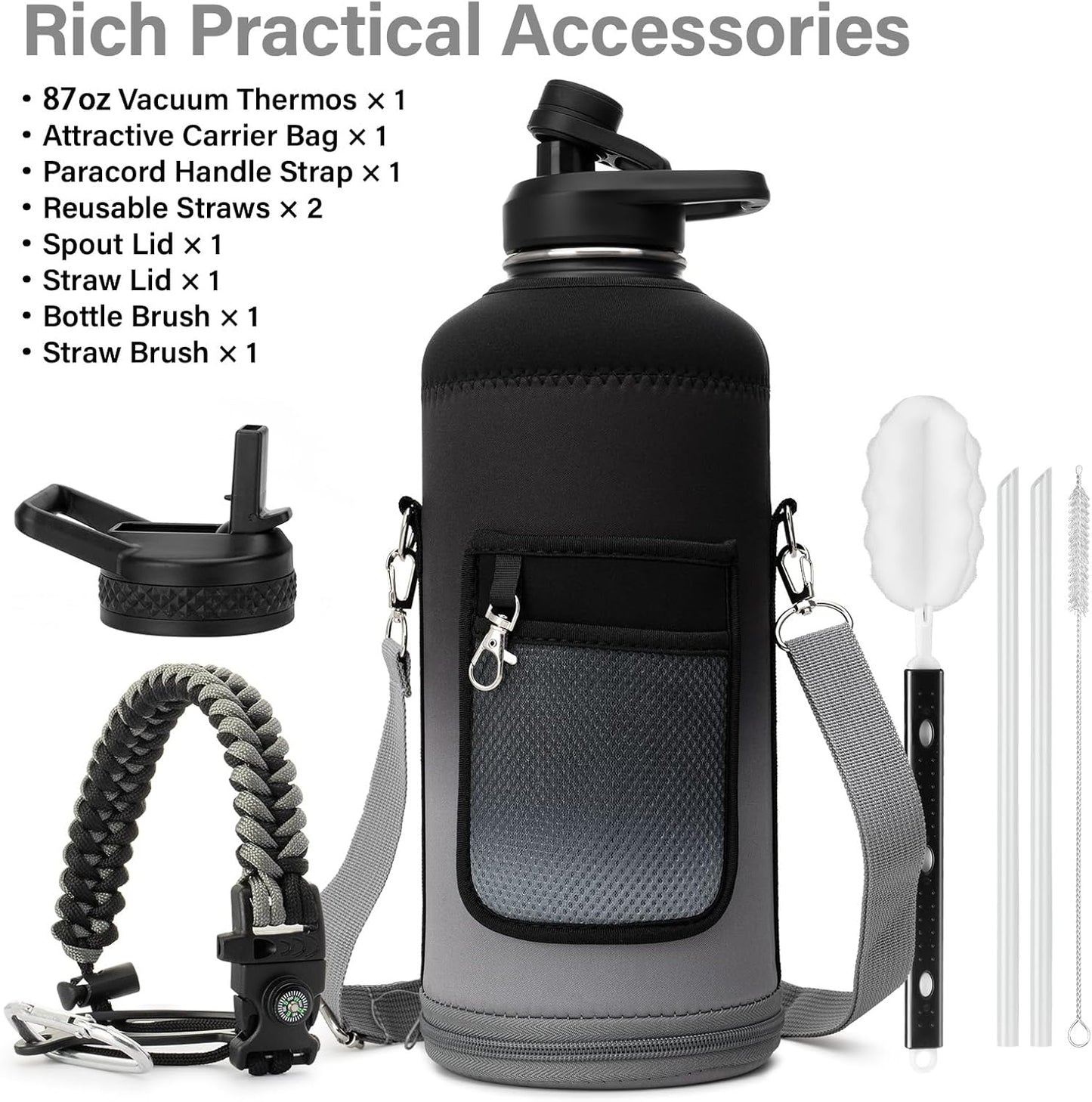 Insulated Water Bottle | Thickened Stainless Steel for Gym and Hiking with Straw, Carrier Bag, Handle Strap | BPA-Free 87 oz