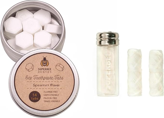 SuperBee Dentos Toothpaste Tablets & Dentos Floss, 14 Tabs, Fluoride Free & Eco Friendly, Travel Mouthwash Tablets, Sensitive Bites Kids Adults, Chewable Tablet, Spearmint