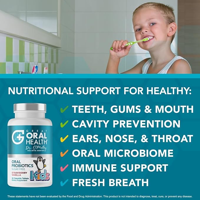 Oral Probiotics for Mouth Bad Breath Treatment for Kids Dental Care & Cavity Prevention with BLIS K12 M18 – Dr Formulated Dental Probiotics for Teeth and Gums, 30 Chewable Tablets Strawberry Vanilla