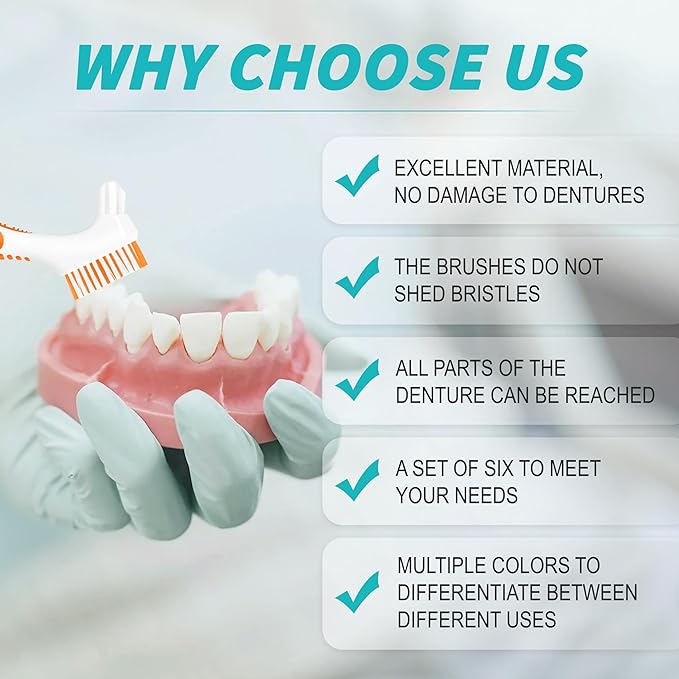 TaShow 6 Pcs Denture Brush Set for False Teeth, Denture Toothbrushes with Double Sided Design, Denture Cleaning Brush with Multi-Layered Soft Bristles and Rubber Anti-Slip Handle, 4 Colors