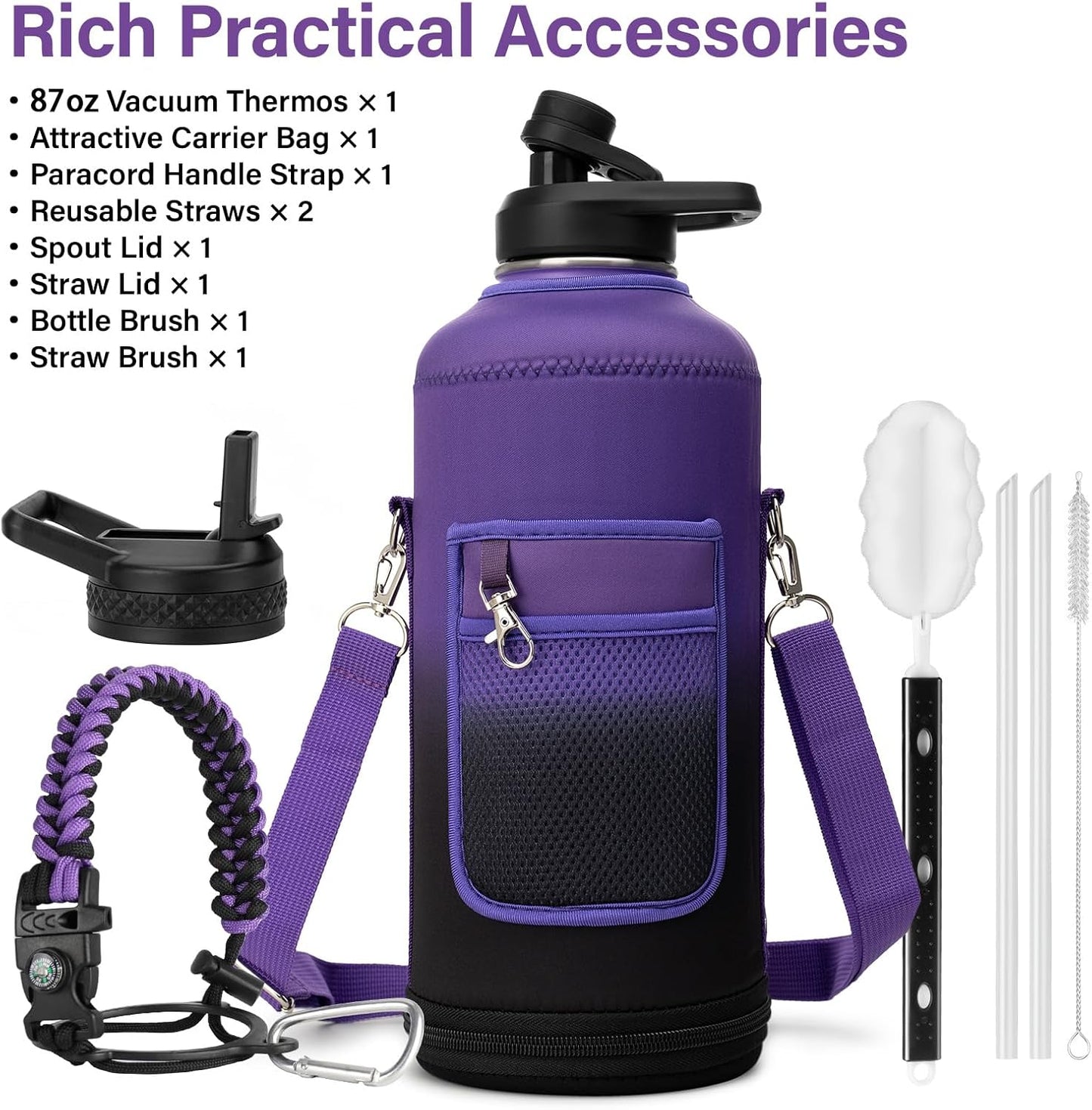 Insulated Water Bottle | Thickened Stainless Steel for Gym and Hiking with Straw, Carrier Bag, Handle Strap | BPA-Free 87 oz