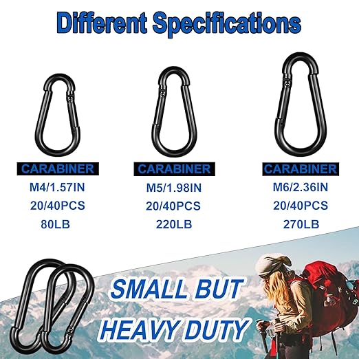20PCS M6 Black Carabiner Clip,2.36Inch Bulk Carabiner Clips Small Snap Hook Quick Link,Spring Link Buckle for Fishing Camping Hammock Dog Leashes-270LBS Holding Capacity