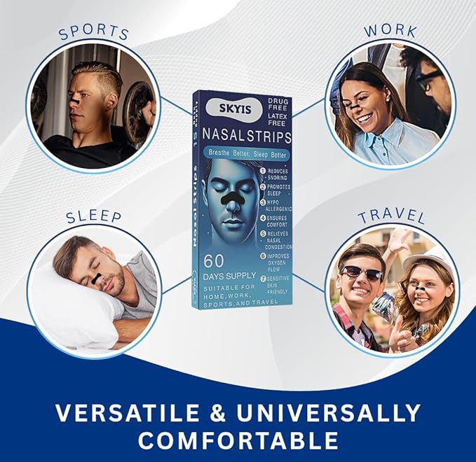 Nasal Strips for Better Breathing, 60 Count Strong Hold Nose Strips for Day & Night Use, Sweat Resistant, Comfortable Fit, Helps Reduce Snoring Sounds & Support Clear Breathing