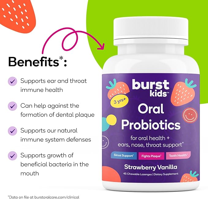 Burst Kids Probiotics (Strawberry Vanilla) | 45 Chewable Lozenges for Kids 3+ | Dental Probiotics to Support Oral, Ear, Throat & Respiratory Health | 3 Billion CFUs | Safe Ingredients | Made in USA