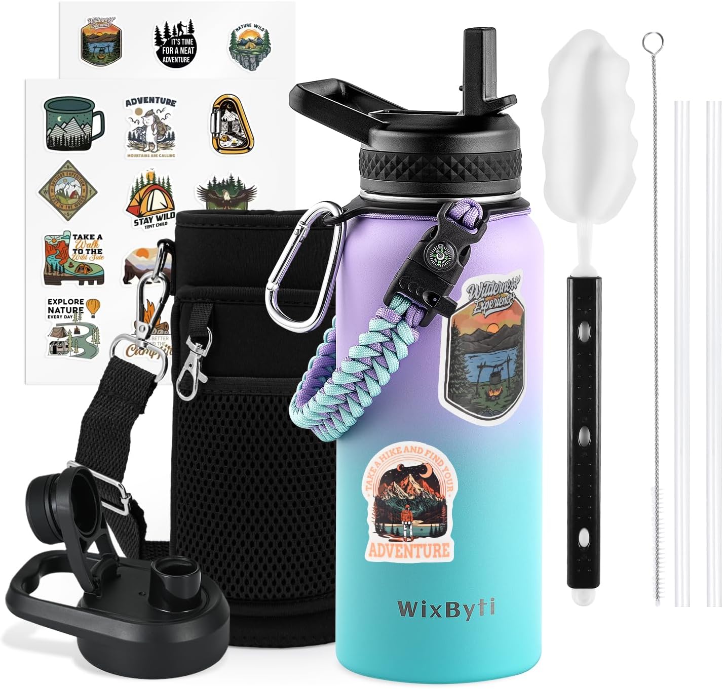 32 oz Insulated Water Bottle with Straw (Cold for 48 Hrs), Stainless Steel Triple Wall Vacuum Sports Water Jug, Leakproof Hydro Cup Flask with Paracord Handle & Straw Spout Lids & DIY Stickers