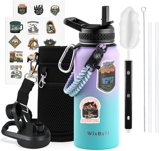 32 oz Insulated Water Bottle with Straw (Cold for 48 Hrs), Stainless Steel Triple Wall Vacuum Sports Water Jug, Leakproof Hydro Cup Flask with Paracord Handle & Straw Spout Lids & DIY Stickers