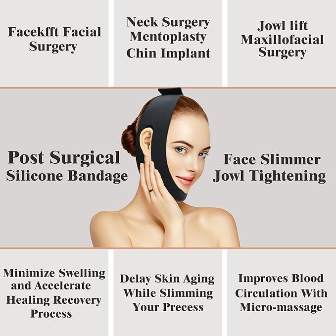 Post Surgical Silicone Chin Strap，Reusable Neck and Chin Lipo Compression Garment，Anti Snoring Chin Strap for Women & Men (Black 1PC)