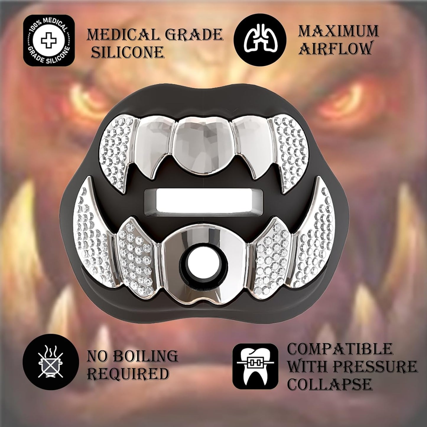 LeCool Football Mouth Guard with Connected Strap- 3D Beast Chrome Adult and Youth Mouth Guard-Mouth Piece for Sports for Maximum Air Flow and Teeth Protection