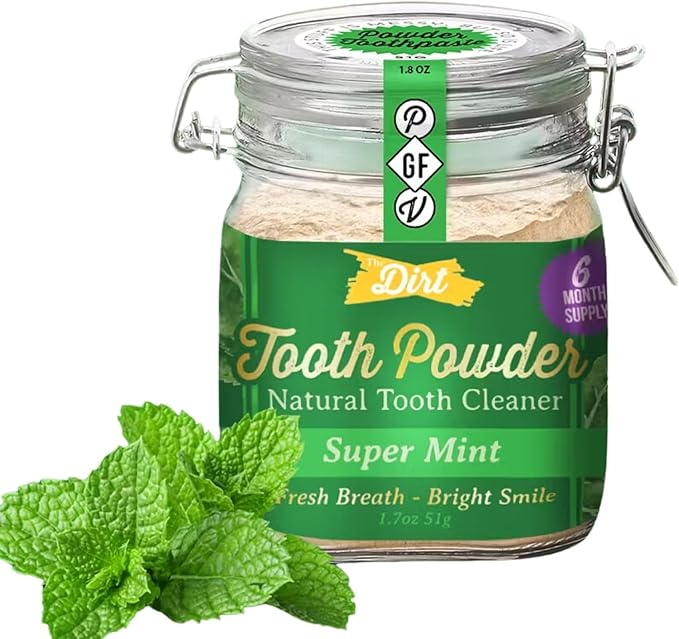 The Dirt - Remineralizing Tooth Powder, Natural Fluoride-Free Teeth Whitening Powder with Hydroxyapatite, Flouride & Gluten Free, Organic Vegan (Super Mint, 51g: 6 Month Supply)