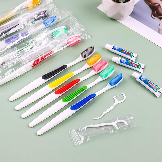 Disposable Toothbrushes with Toothpaste and Floss,30 Pcs 3 in 1 Individually Wrapped Single Use Travel Toothbrushes and Dental Floss Kit Bulk for Homeless,Guests,Dentist,Hotel(5 Colors)