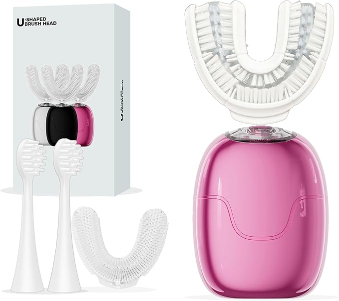 U Shaped Electric Toothbrush for Adults - 360° Adult u Shaped Brush Nylon bristles, Rechargeable Electric Toothbrush,Teeth Whitening Brush for Home & Travel Use (Pink)