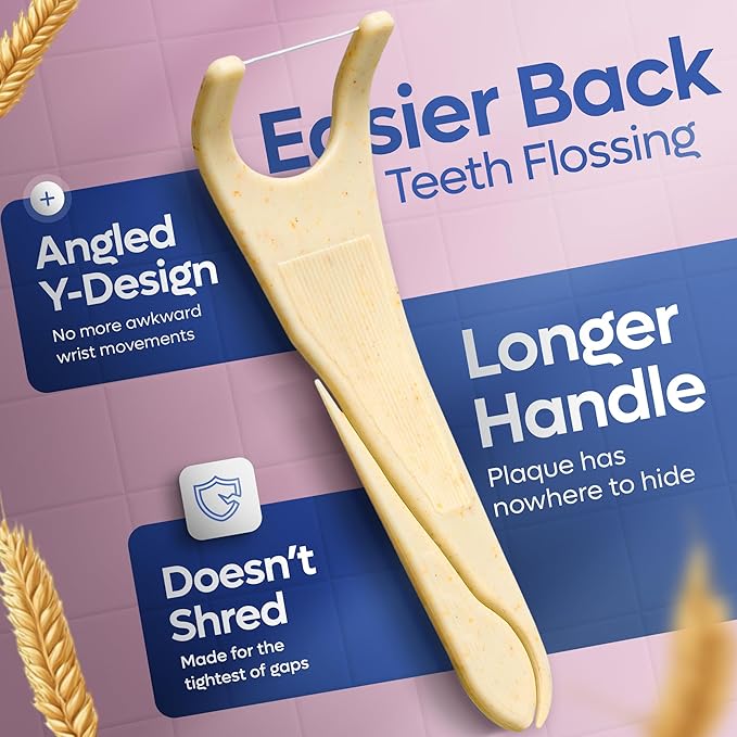 SmartLifeco Eco-Friendly Angled Dental Floss Picks (200ct) - Flossers Made with Straw Wheat Blend, Anti-Shred Thread for Molars & Back Teeth, Tooth Pick Stick for Adults, Soft on Gums, Unflavored